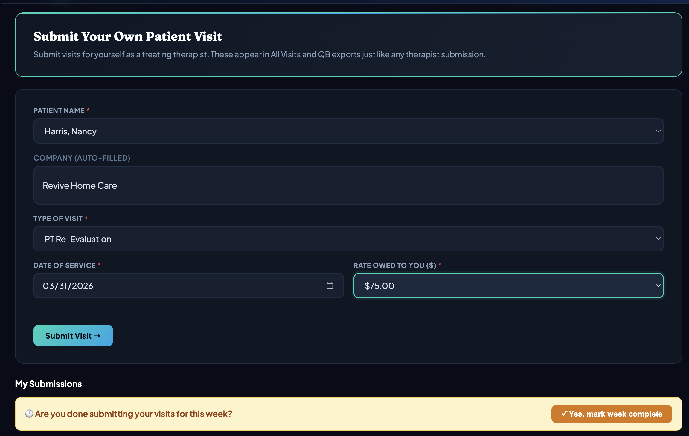 HomeHealthSync visit logging screen — PT, OT and ST therapists submit home visits from any device in seconds