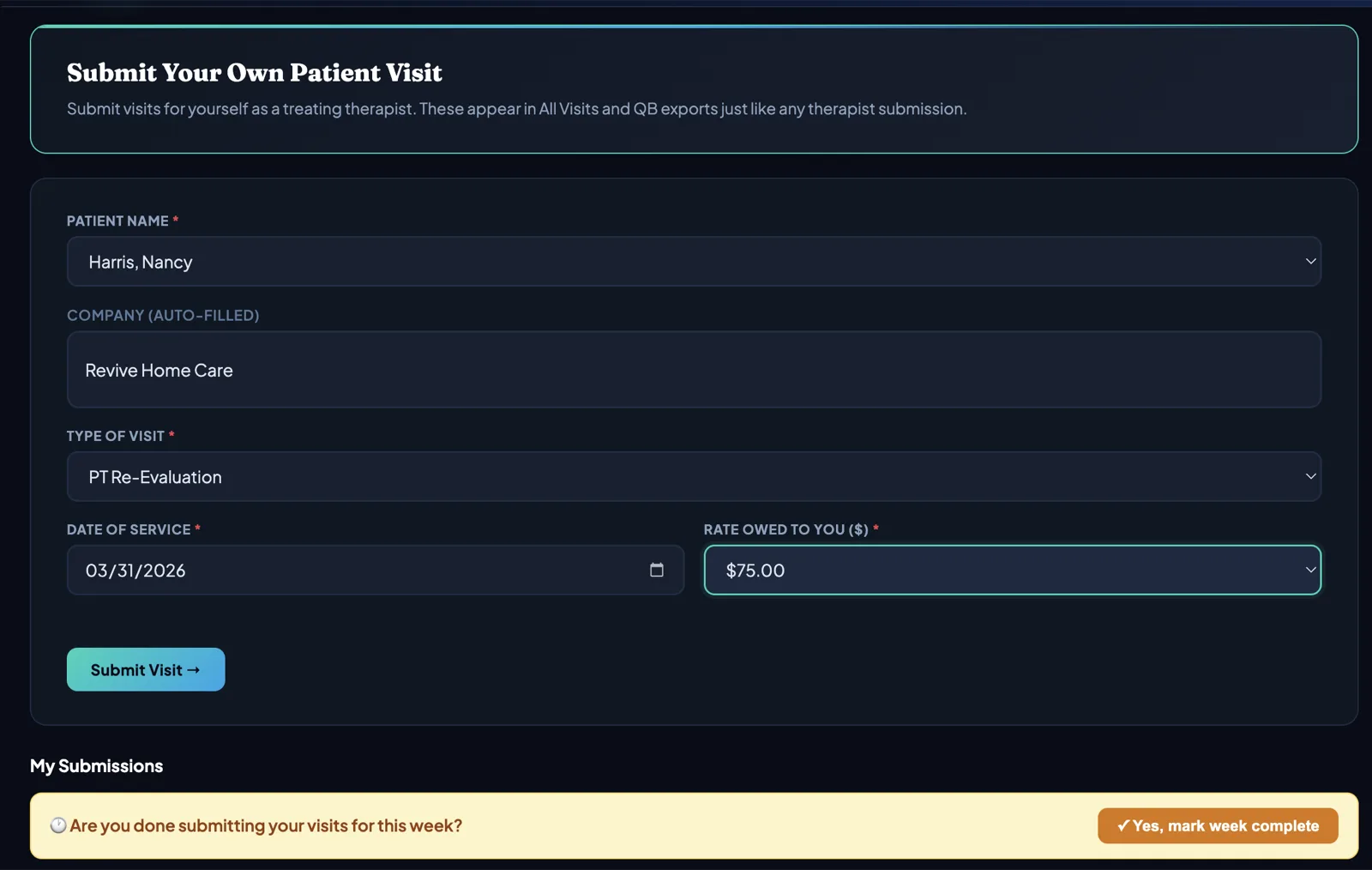 HomeHealthSync visit logging screen — PT, OT and ST therapists submit home visits from any device in seconds